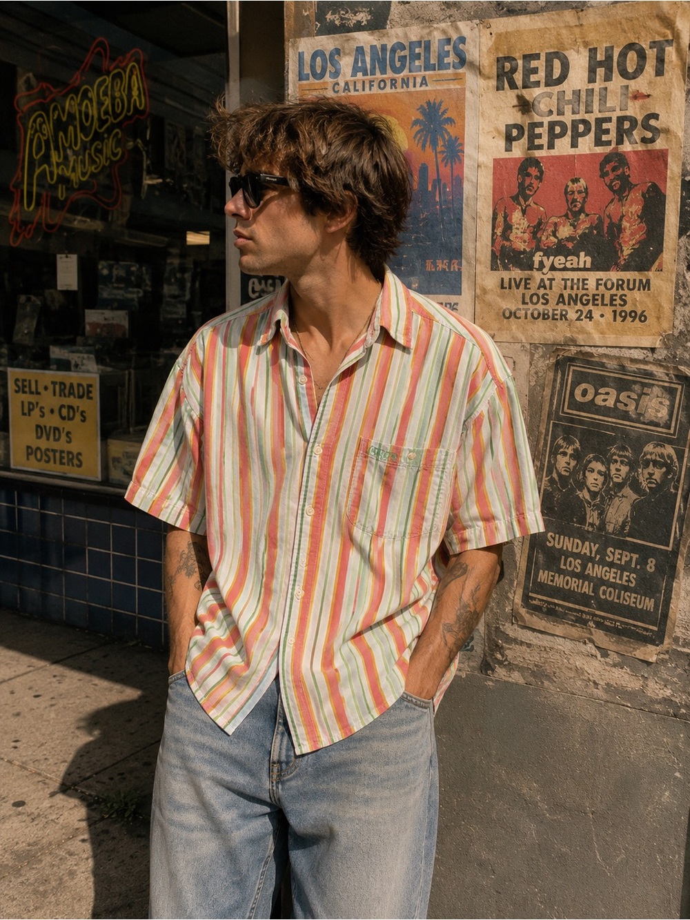 Vintage Guess Jeans Short-Sleeve Striped Shirt - Multicolor